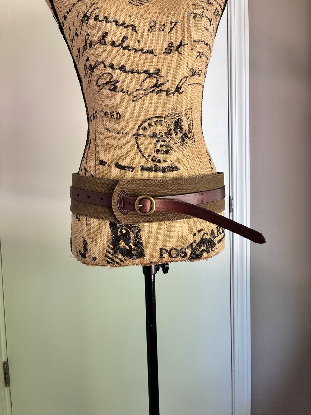 Rugby Ralph Lauren Brown Leather & Olive Canvas Belt with Brass Buckle